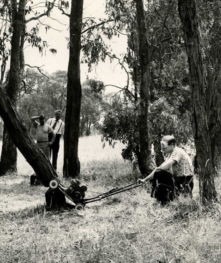 Ray Tijou, demonstrating a standard Victa's ability to cut down a tree 